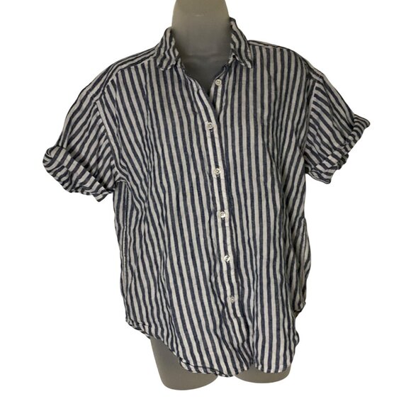 J.Crew Womens XS Relaxed Fit Blue & White Striped Linen Button-Up Shirt coastal - Picture 1 of 8